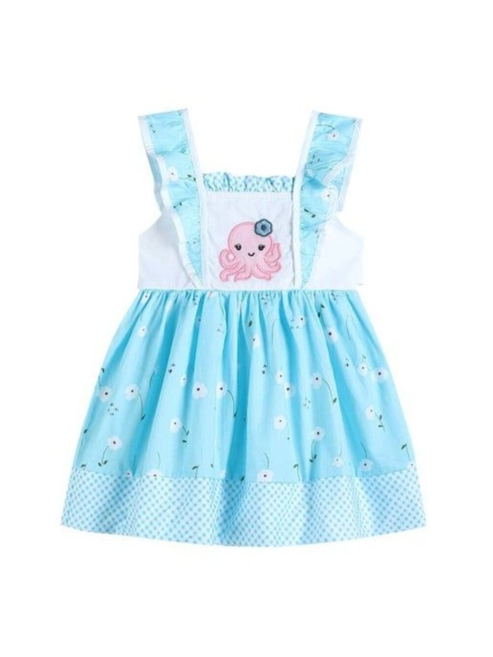 Lil Cactus Girls Blue Floral Apron Dress With Octopus Embroidery Size 6Y 100% Co